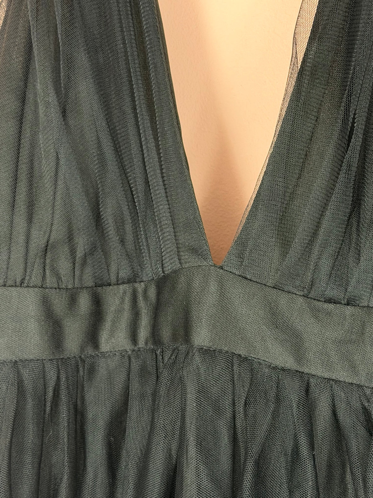 Black tulle maxi dress, deep V-neckline and waistband detail