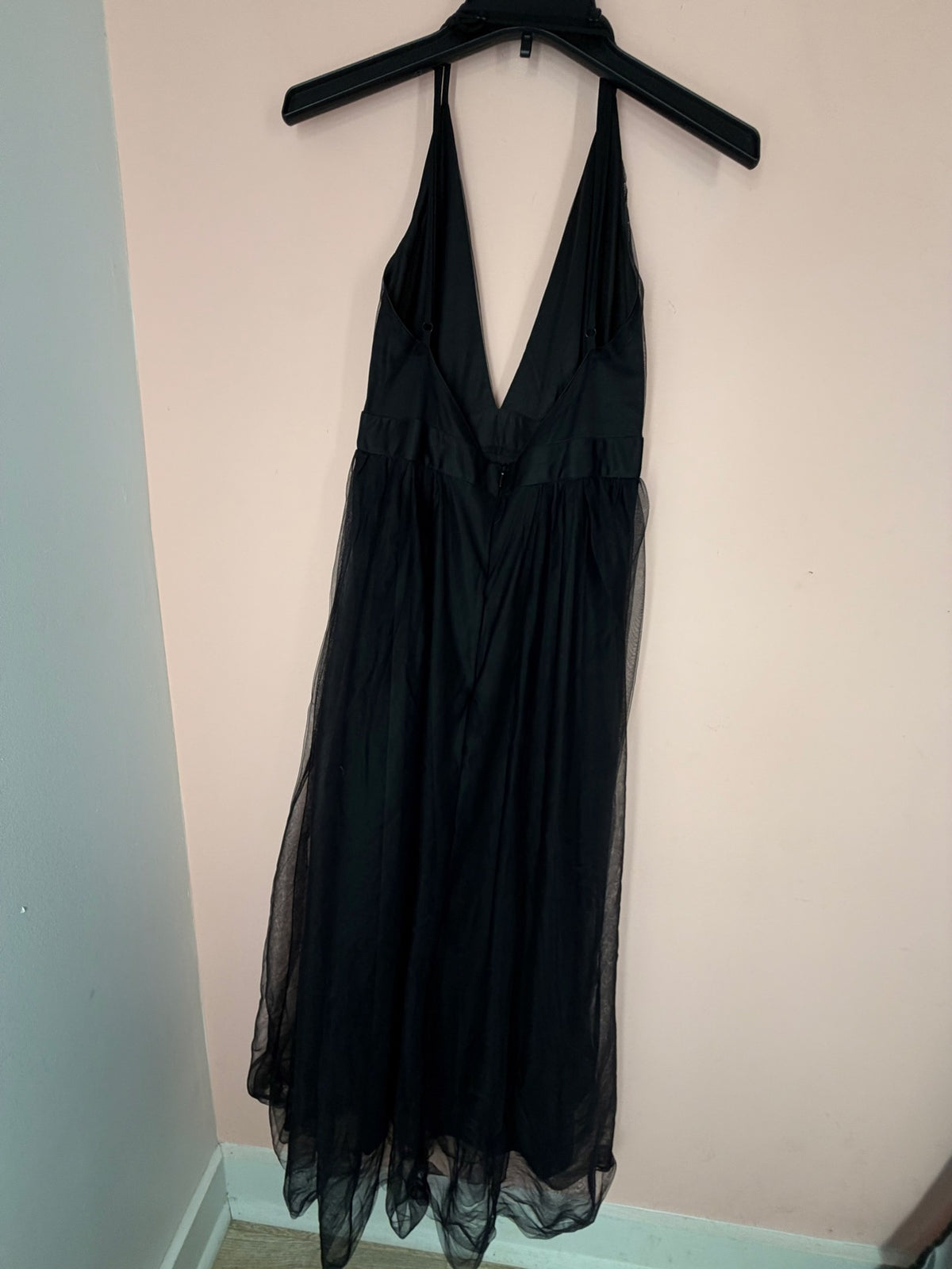 Black tulle formal maxi dress, back view
