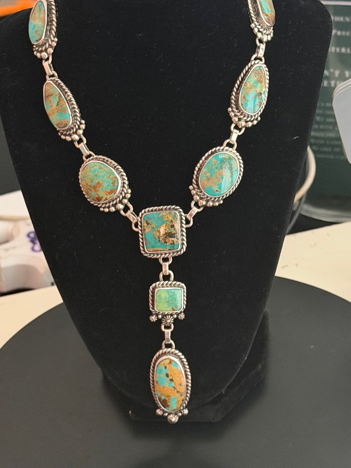 Turquoise Lariat Necklace 110g Sterling Silver - square stone drop detail - Regul Silver