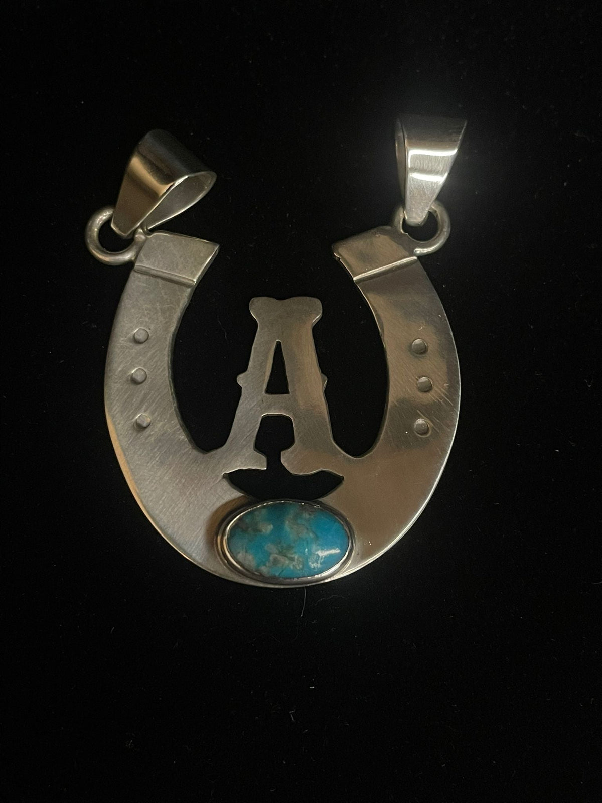 Sterling silver horseshoe initial pendant with genuine turquoise stone