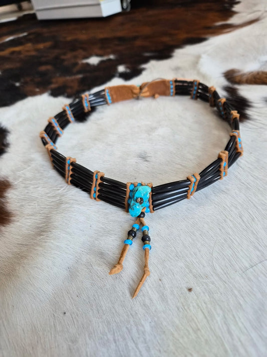 Black hairpipe choker necklace with turquoise nugget center by Southwest by Design on cowhide