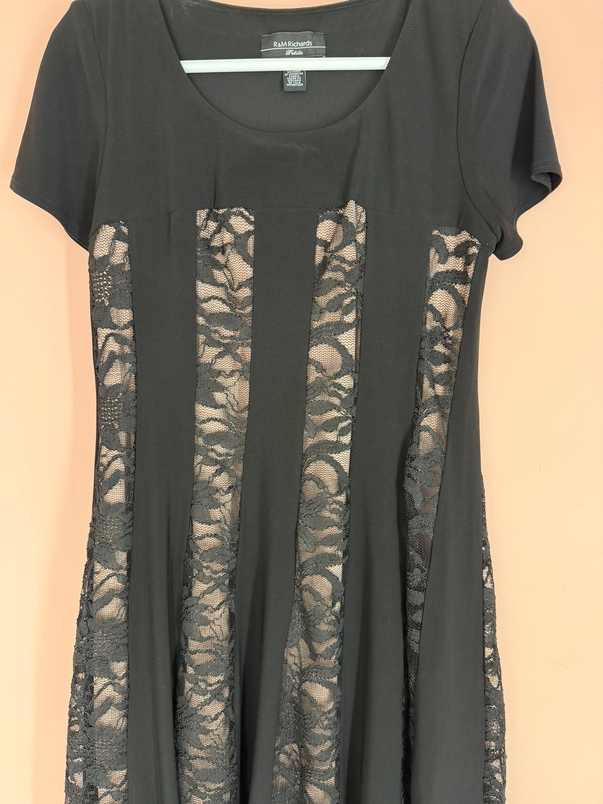 R&M Richards black lace panel dress, front view