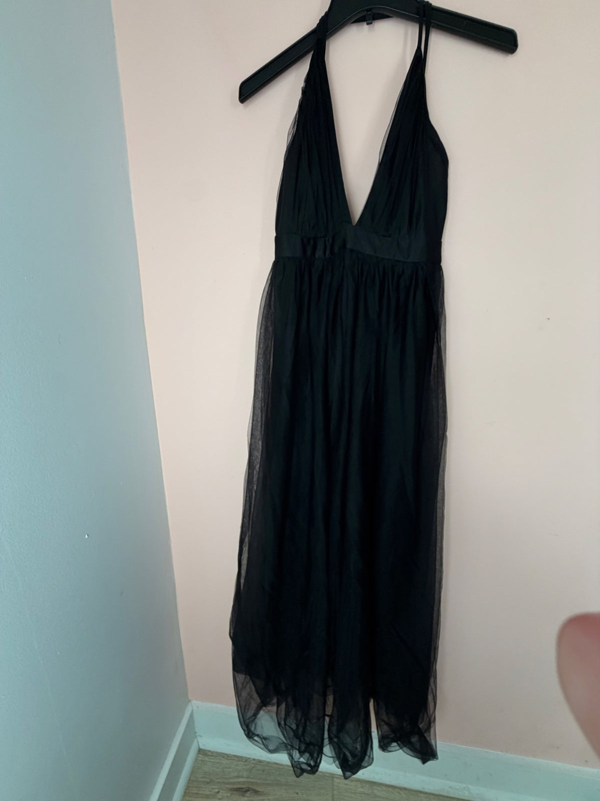 Black tulle formal maxi dress, front view