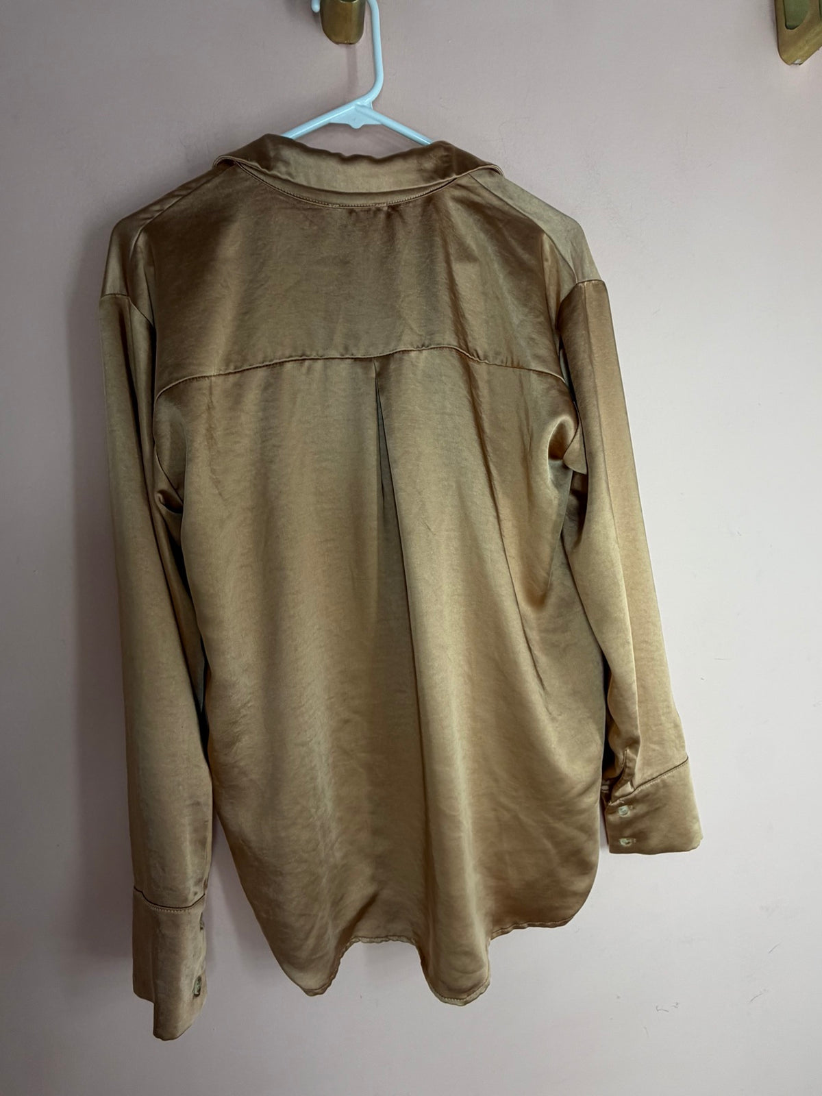 Mystree bronze satin button-front shirt, back view, size M