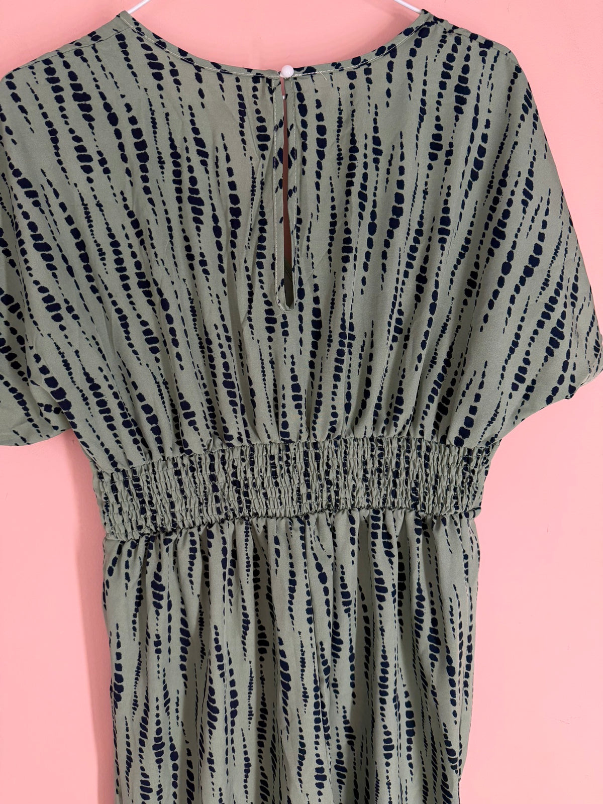 Sage Green Dotted Print V-Neck Midi Dress - back neck keyhole button close-up