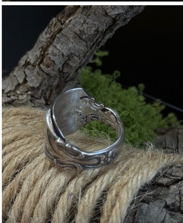 DM-28 ornate sterling silver spoon ring, wrap and interior view
