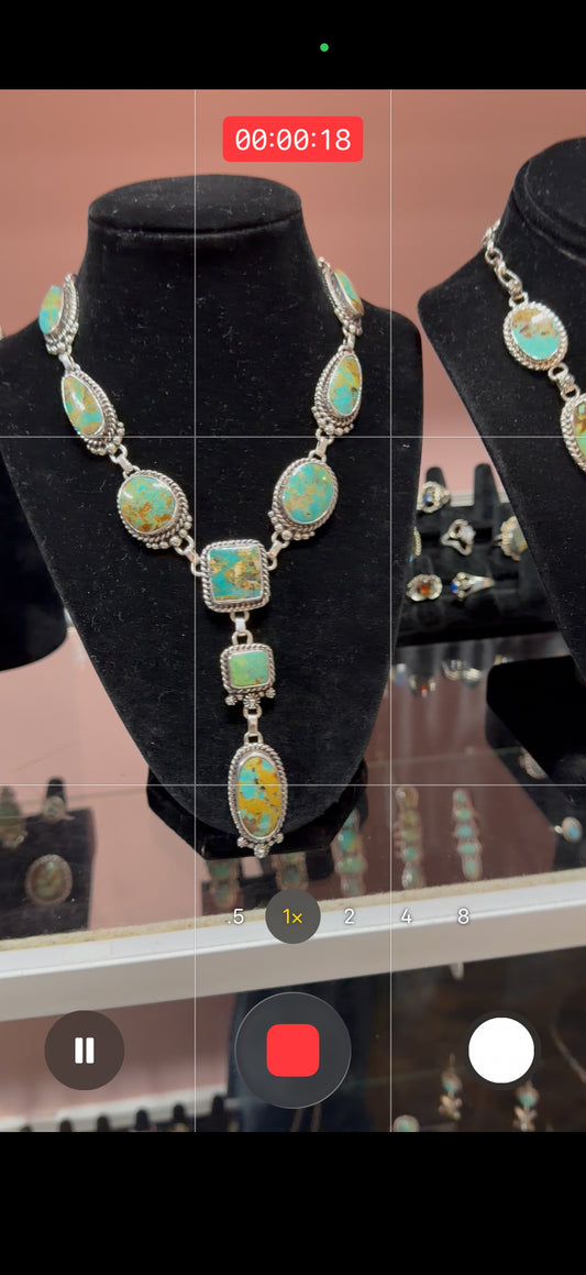 Turquoise Lariat Necklace 100g on display bust - Regul Silver