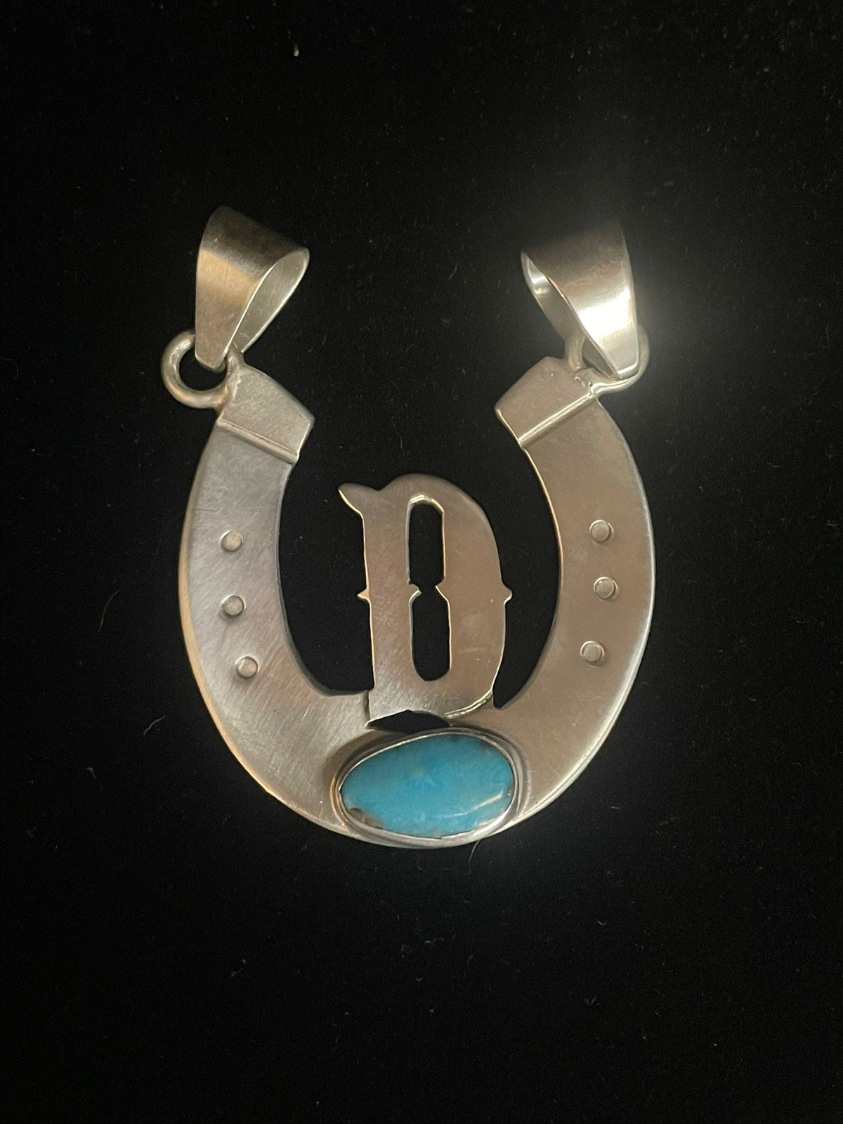 Sterling silver horseshoe initial pendant with genuine turquoise stone