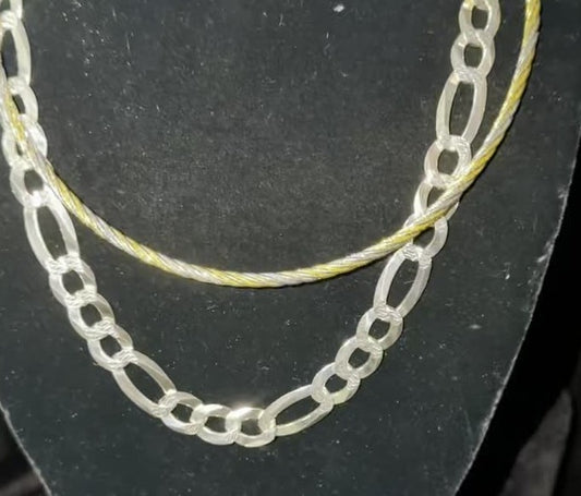 DESMOS figaro chain necklace in rhodium-plated sterling silver, wide textured links on a black bust at Regul Silver