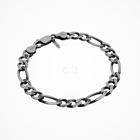 Figaro chain necklace and bracelet set in sterling silver with rhodium plate, bracelet in a full oval on white