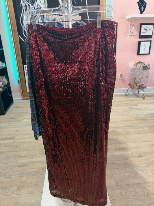 Front view of a burgundy sequin maxi skirt hanging in a Fort Worth clothing boutique.
