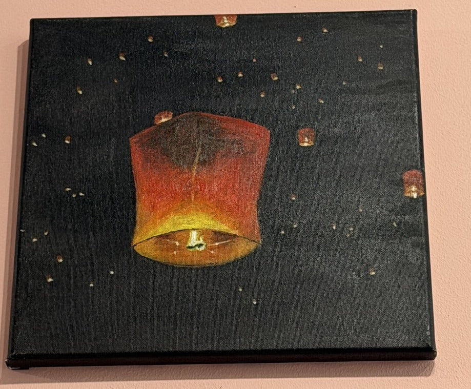 Wishes Rising - original acrylic sky lantern painting by Selena Angeles