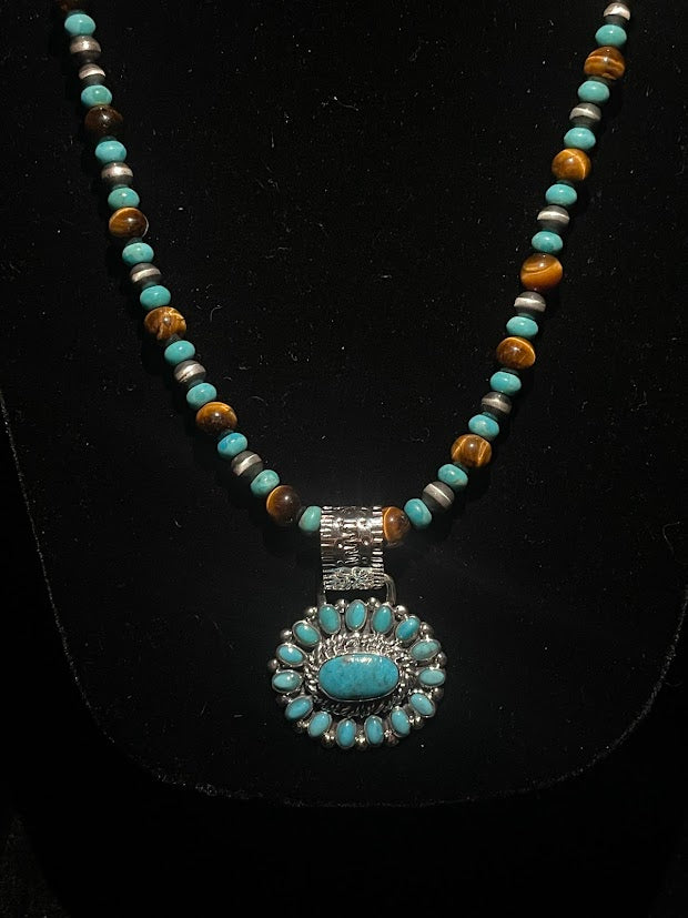 Authentic Turquoise Cluster Pendant| Navajo Pearl Turquoise & Tiger’s Eye Necklace - Regul Silver