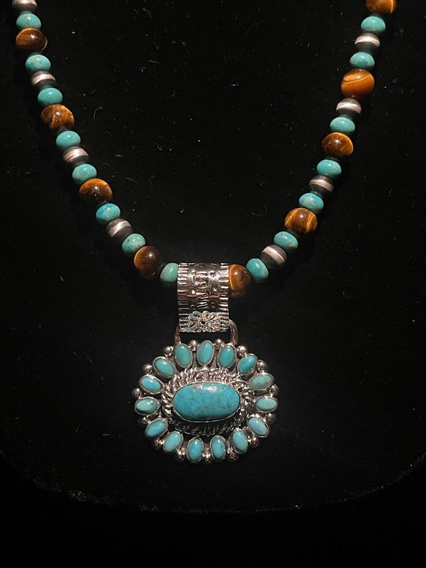 Authentic Turquoise Cluster Pendant| Navajo Pearl Turquoise & Tiger’s Eye Necklace - Regul Silver
