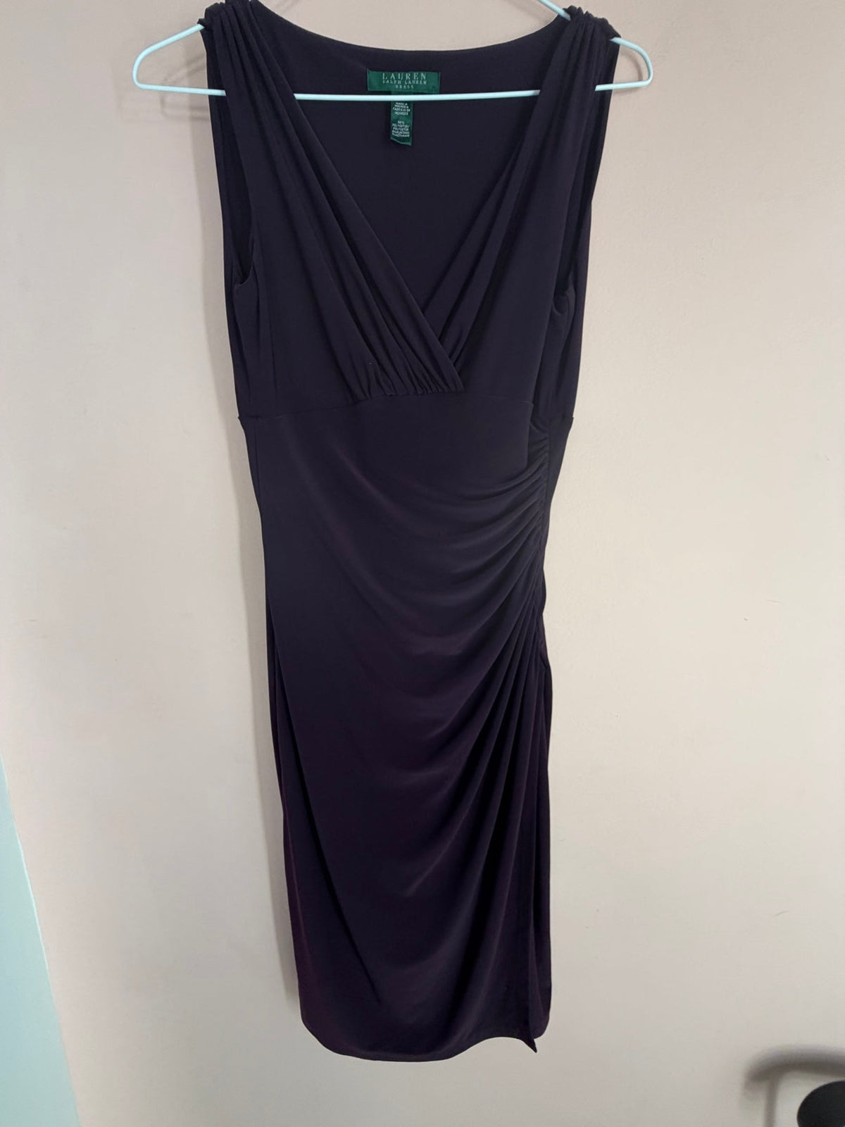 Lauren Ralph Lauren purple V-neck ruched dress size 2, front view on hanger