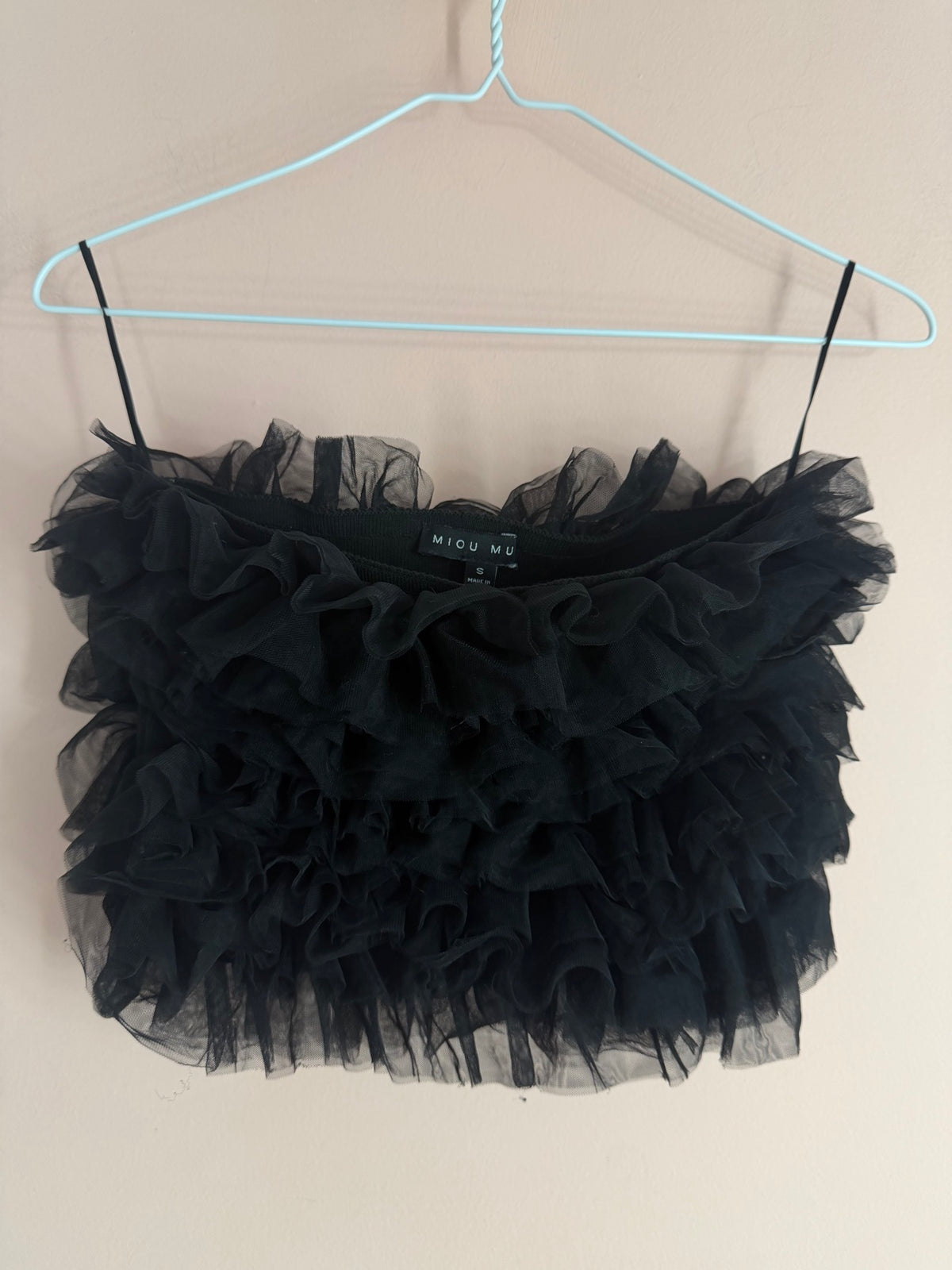 Miou Mu black tulle ruffle spaghetti strap crop top size S on hanger, front view
