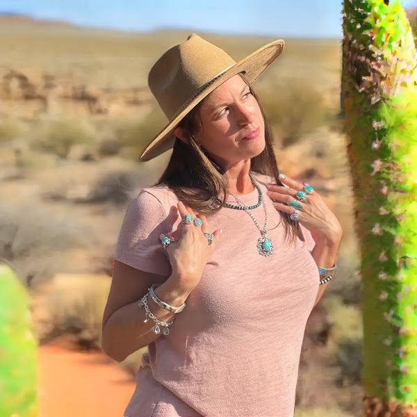 Navajo pearl bracelet — this photo shows a model in turquoise jewelry outdoors, not this bracelet
