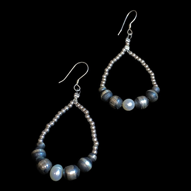 Navajo pearl earrings with baroque pearls - sterling silver teardrop pair with dark beads and white pearls on black