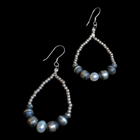 Navajo pearl earrings with baroque pearls - sterling silver teardrop pair with dark beads and white pearls on black