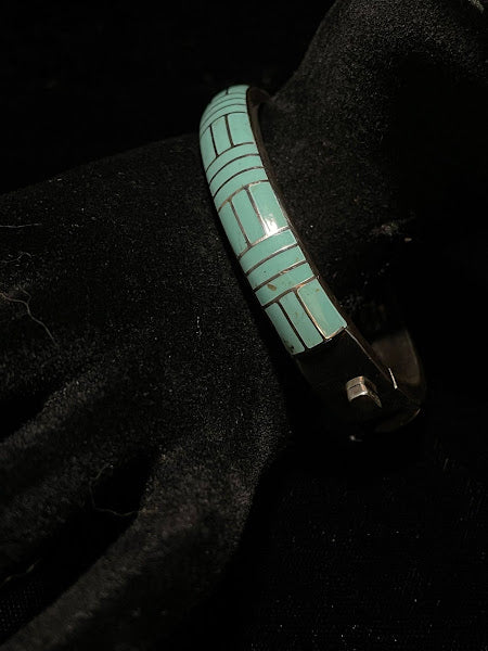 Opalite bracelet — its genuine turquoise inlay variant in sterling silver, rectangular stones, side view