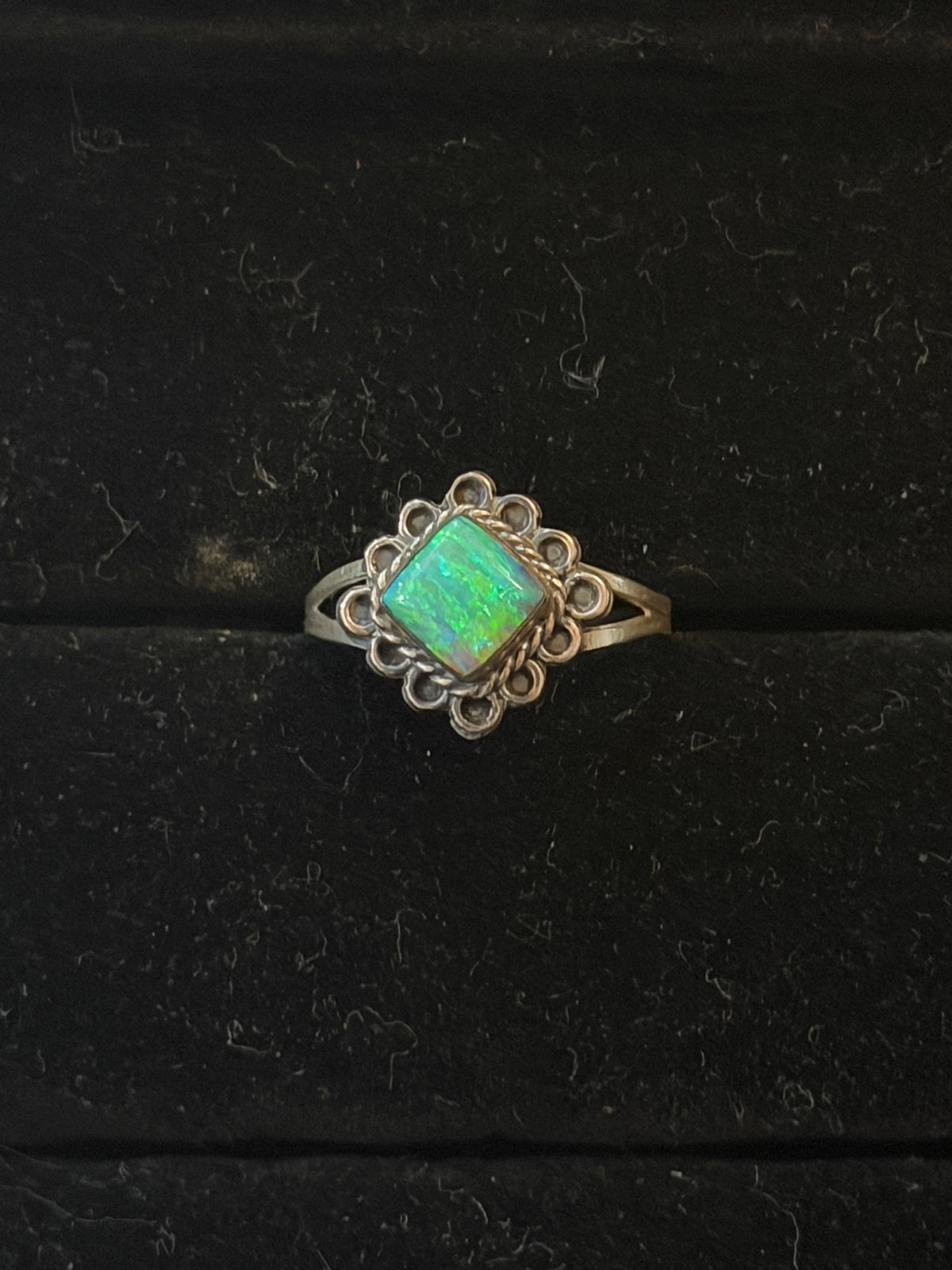 Opalite ring — lime green square handmade opalite in a scallop bezel on a sterling silver split shank