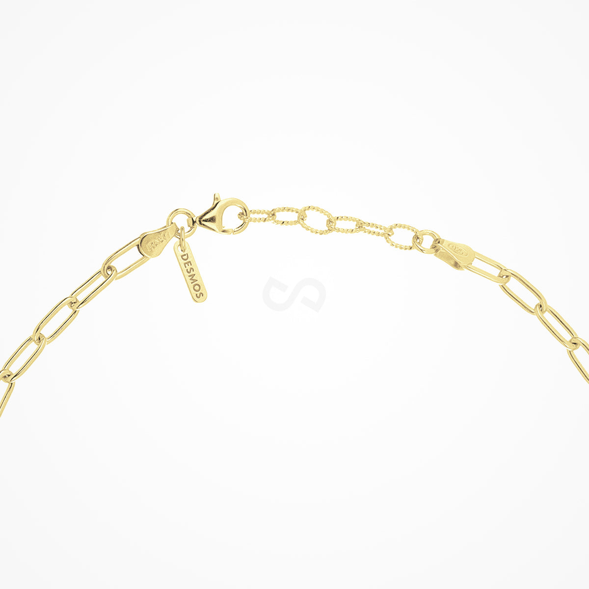 DESMOS paperclip chain necklace in sterling silver with 18K gold plate — professional catalog photograph
