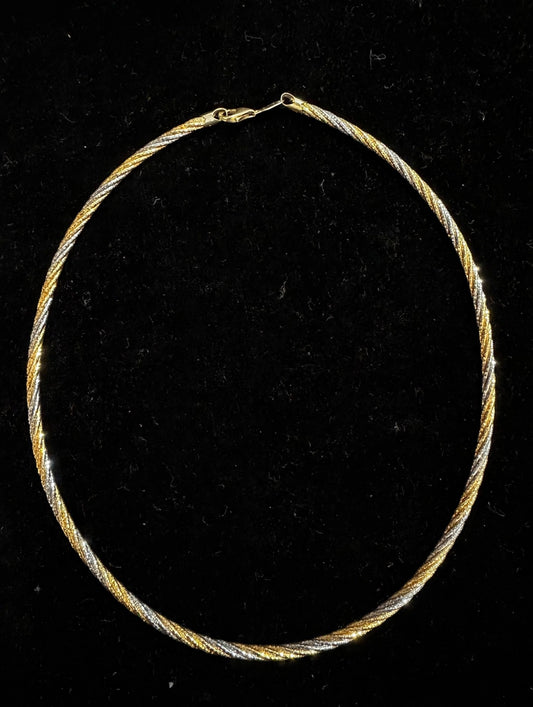 Weave necklace in two-tone sterling silver with 18K gold plate, gold and silver strands woven together