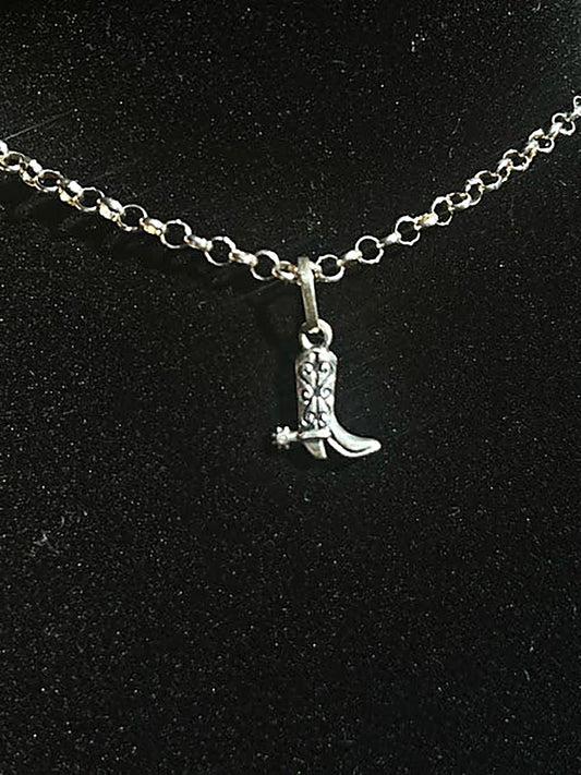 Sterling silver boot pendant necklace — classic boot charm with tooled shaft and spur on a round-link chain