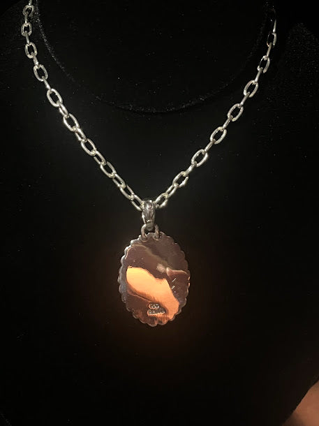 Sterling silver oval labradorite necklace - the pendant solid silver back, scalloped edge, and chain on black