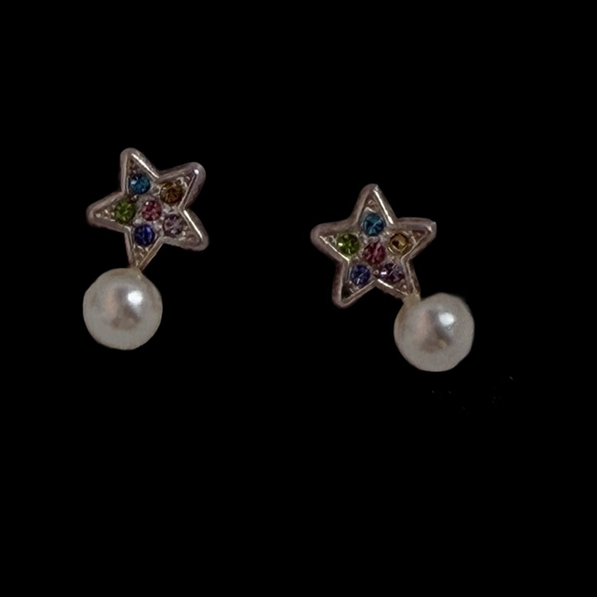 Star stud earrings with multi-color cubic zirconia and pearl drops