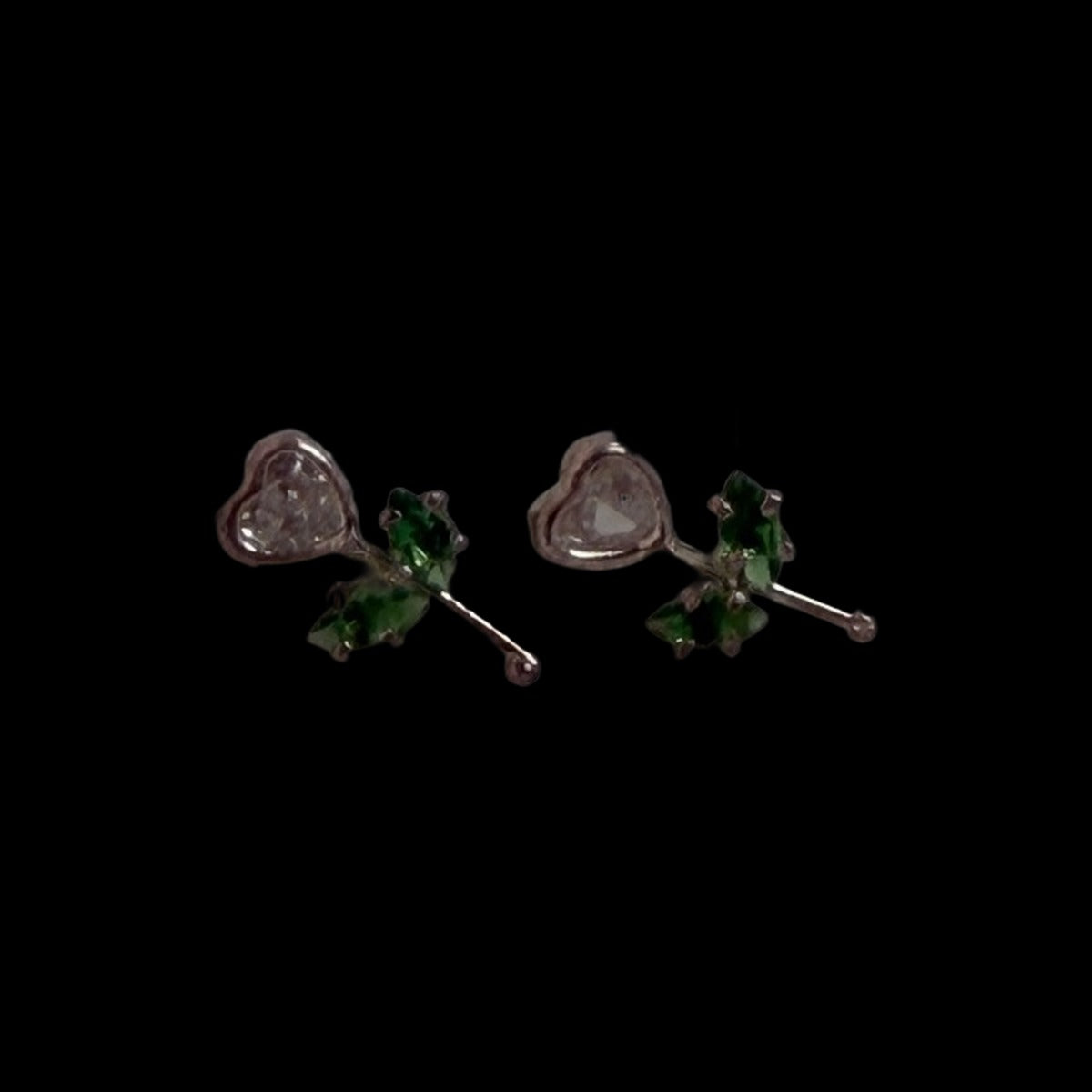 Heart stud earrings with green cubic zirconia dangles, sterling silver
