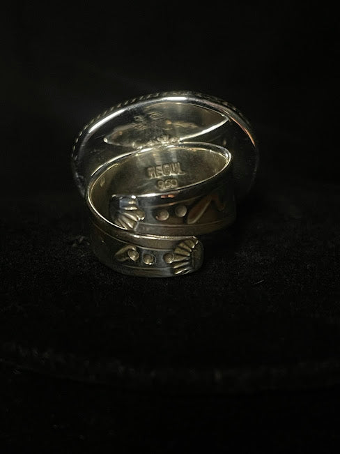 Turquoise buffalo ring — detail of the etched buffalo worked into the sterling silver band