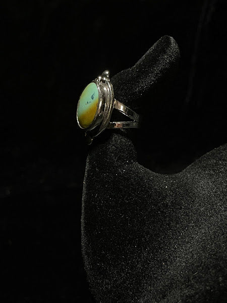 Turquoise ring — profile view on black velvet, the oval turquoise stone in its bezel above the open split shank band