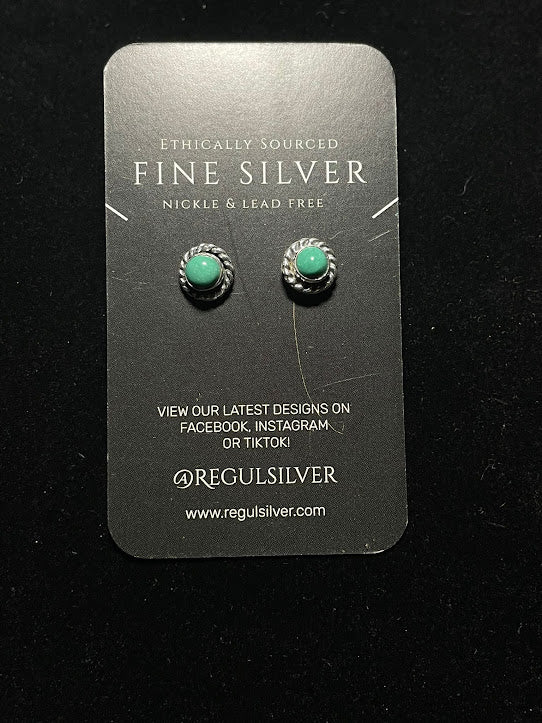 Turquoise stud earrings — mini round genuine turquoise cabochons in sterling silver rope bezels on the studio card