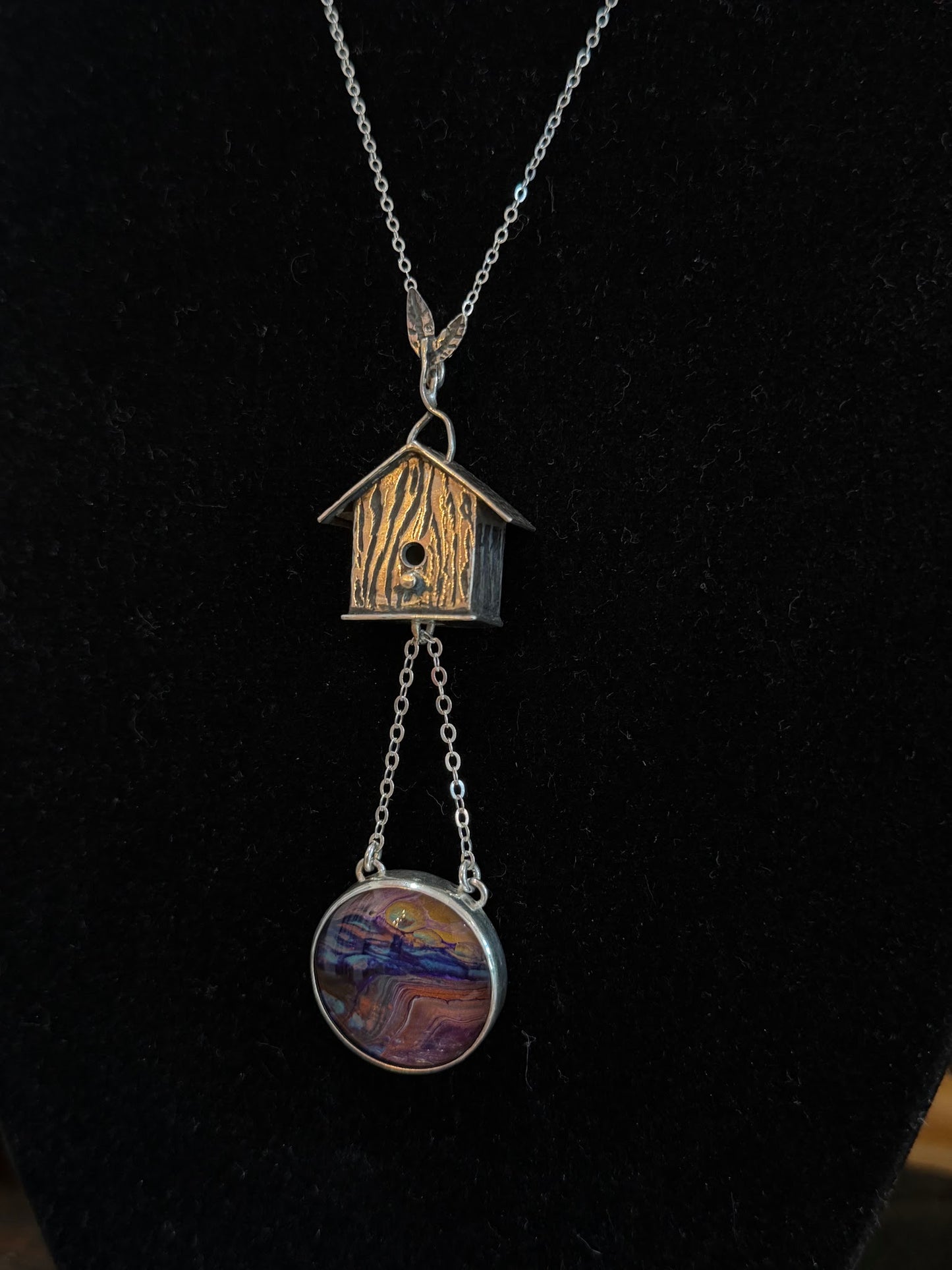 Sterling Silver Birdhouse Necklace Hand Painted Glass Cabachone