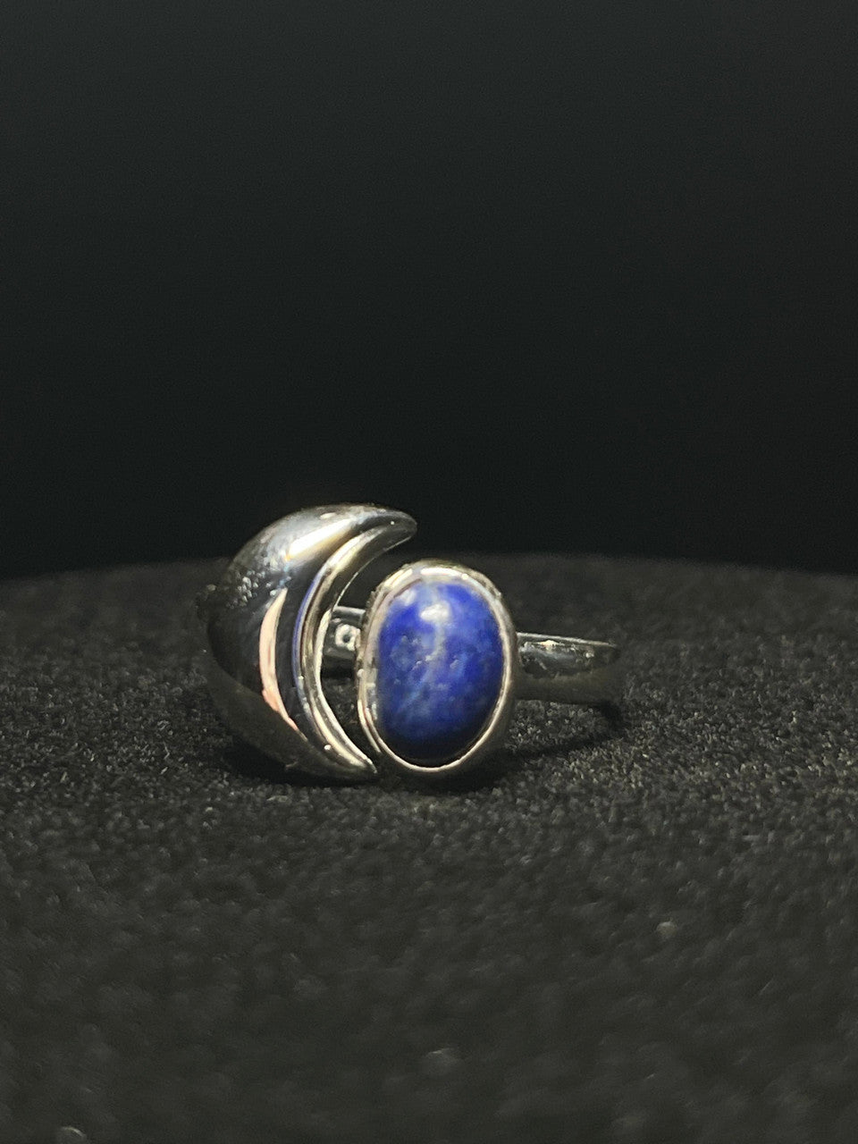 Crescent moon ring — deep blue lapis lazuli oval in a sterling silver crescent, this listing stone