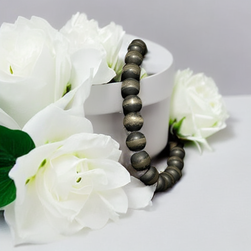 Navajo pearl bracelet — dark oxidized silver bead strand draped on a white box beside white roses